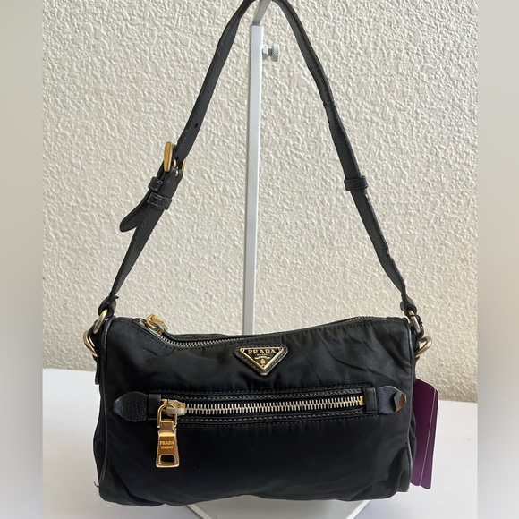 Prada Handbags - Prada Black Nylon Shoulder Bag with Gold Accents